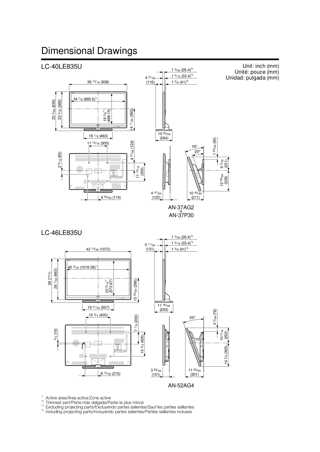 Sharp LC-52LE835U, LC-40LE835U, LC-46LE835U, LC-60LE835U operation manual Dimensional Drawings, AN-37AG2 + AN-37P30, AN-52AG4 