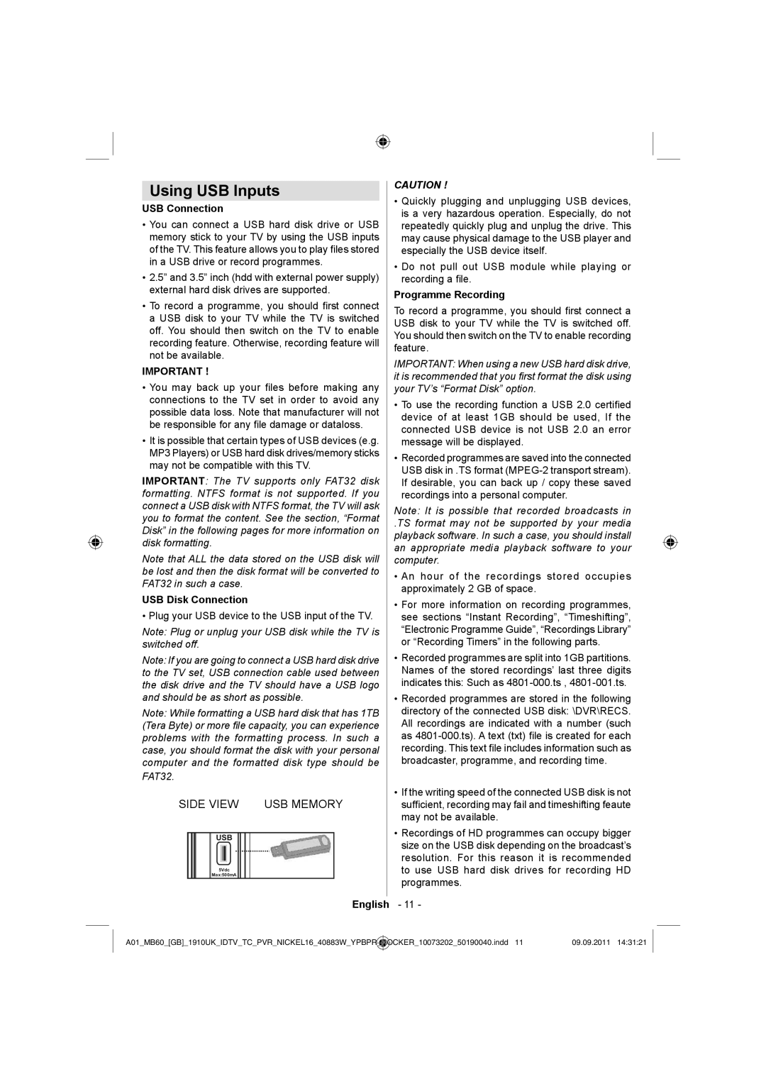 Sharp LC-40SH340E operation manual Using USB Inputs, USB Connection, USB Disk Connection, Programme Recording 