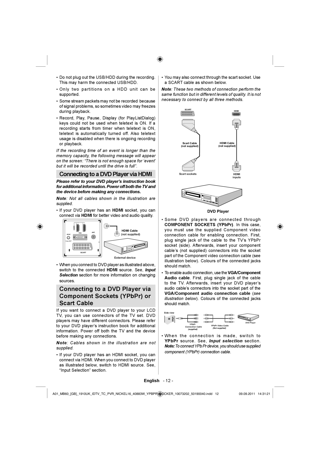 Sharp LC-40SH340E operation manual Connecting to a DVD Player via Hdmi, Component Sockets YPbPr. In this case 