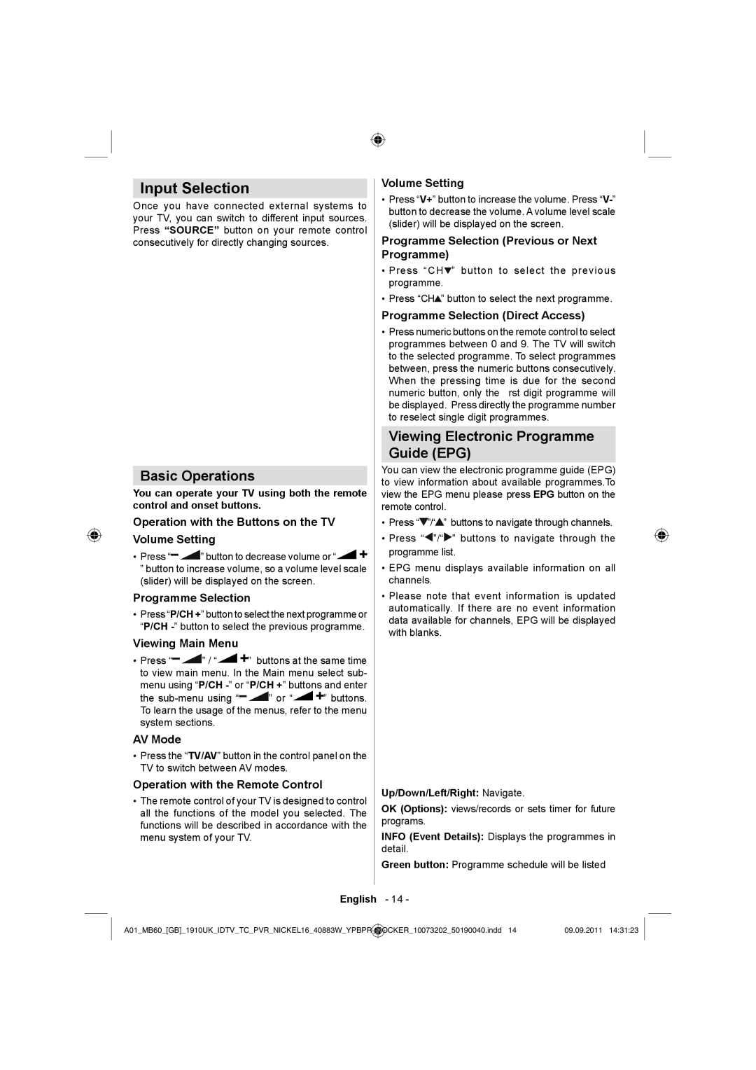 Sharp LC-40SH340E operation manual Input Selection, Basic Operations, Viewing Electronic Programme Guide EPG 