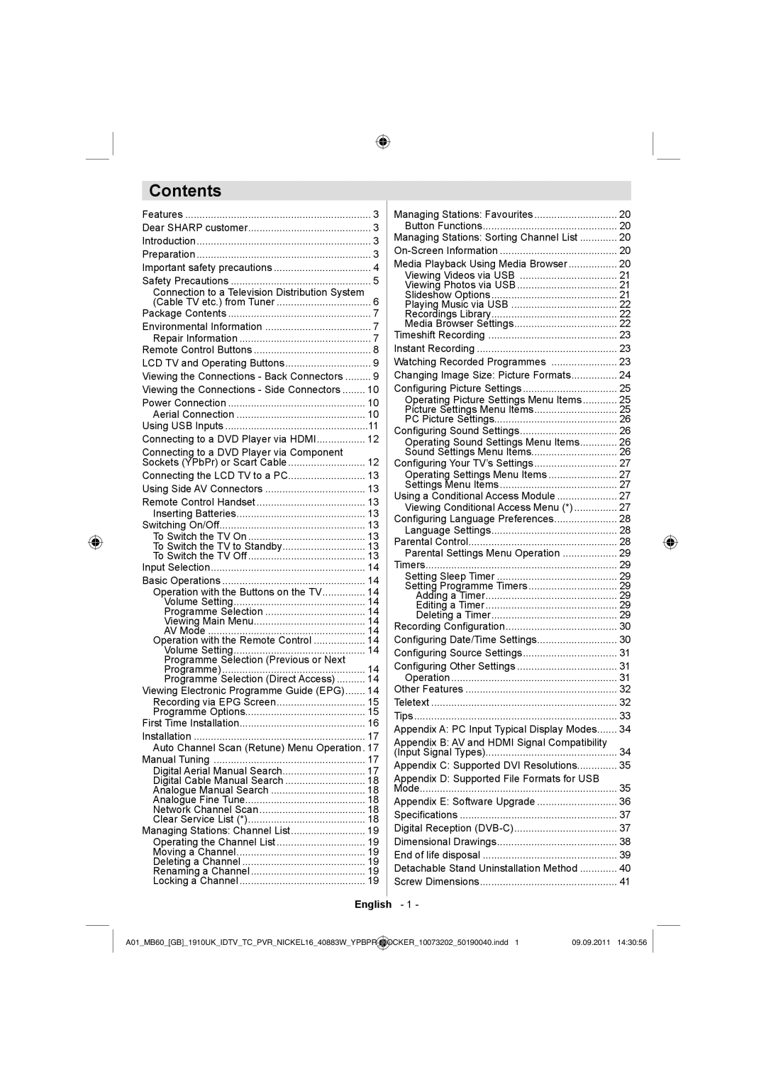 Sharp LC-40SH340E operation manual Contents 