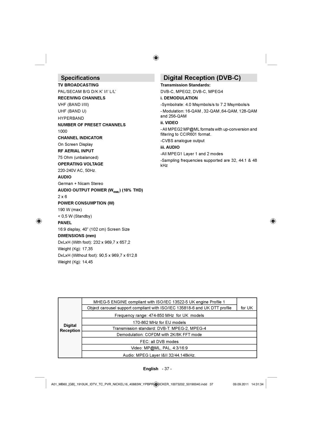 Sharp LC-40SH340E operation manual Digital Reception DVB-C, Speciﬁcations 