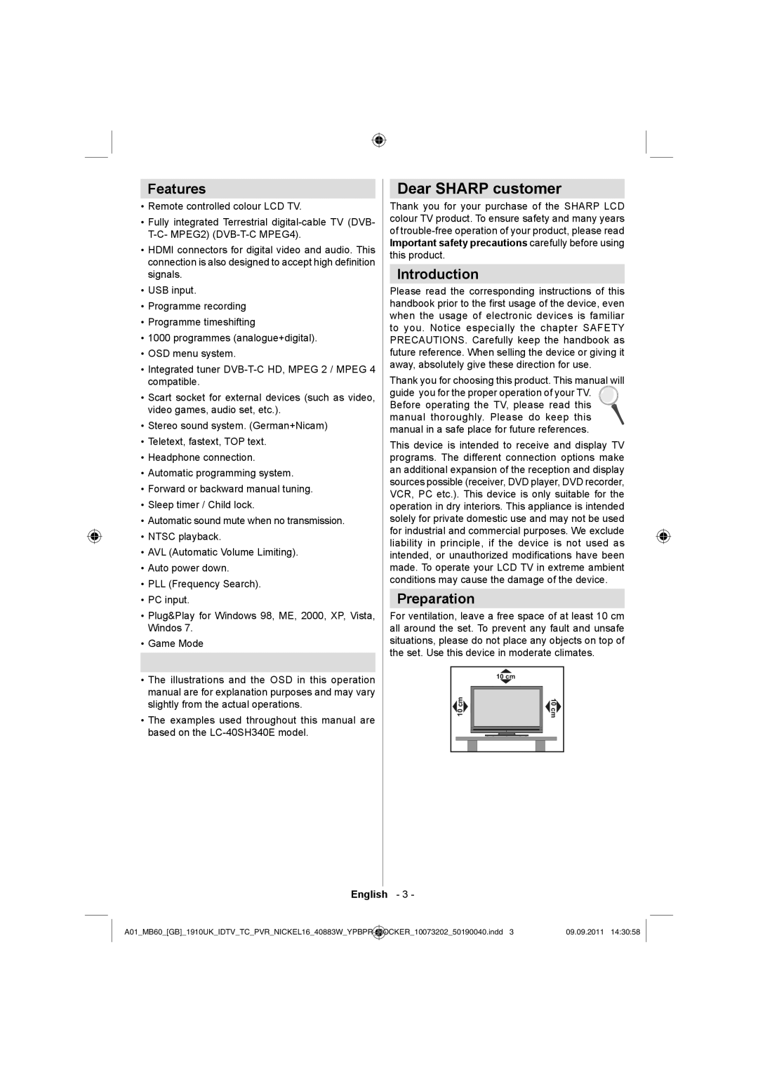 Sharp LC-40SH340E operation manual Dear Sharp customer, Features, Introduction, Preparation 