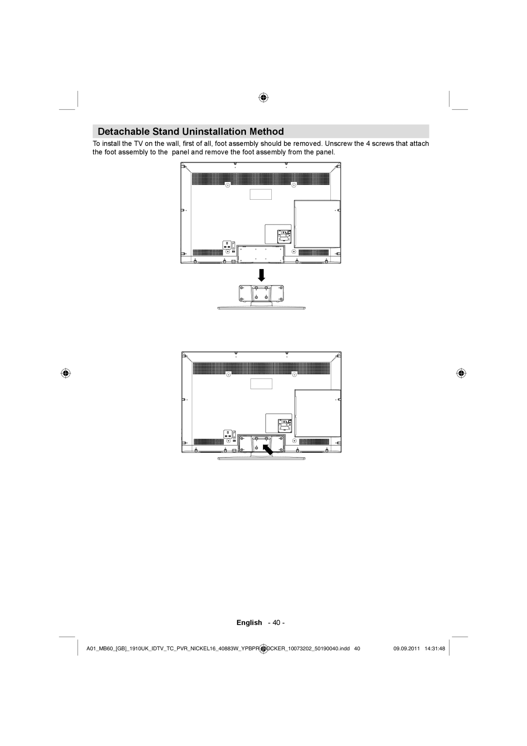 Sharp LC-40SH340E operation manual Detachable Stand Uninstallation Method 