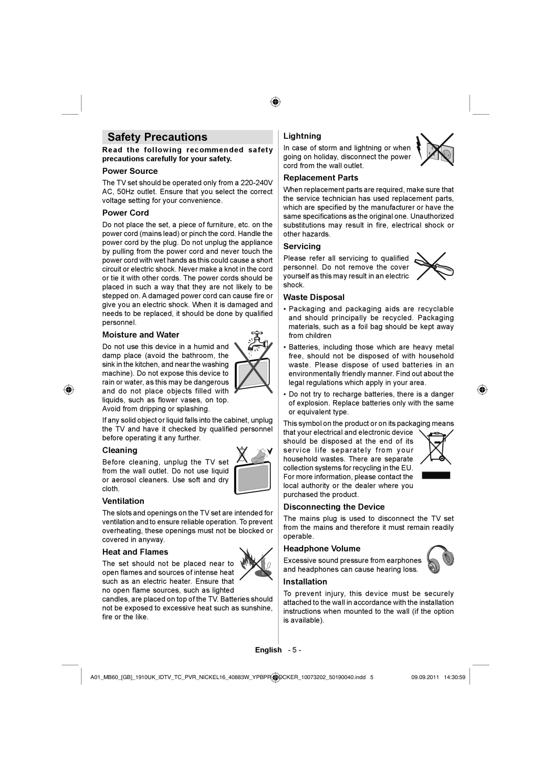 Sharp LC-40SH340E operation manual Safety Precautions 