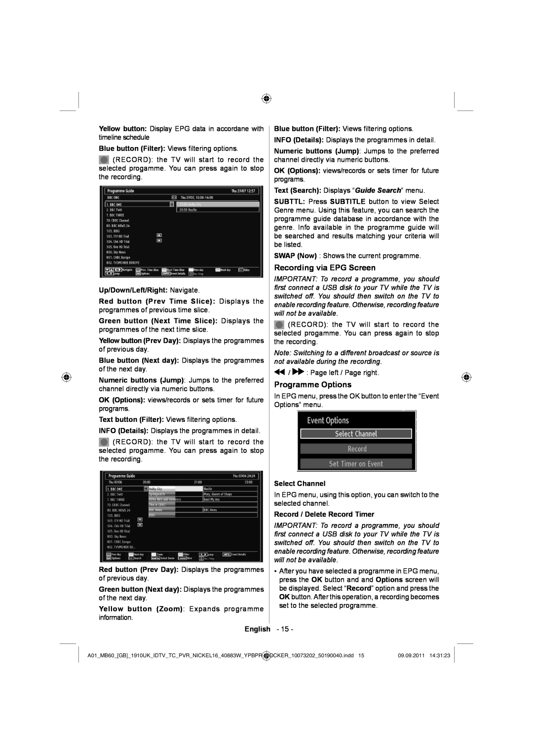Sharp LC-40SH340E Recording via EPG Screen, Programme Options, Yellow button Zoom Expands programme information, English 