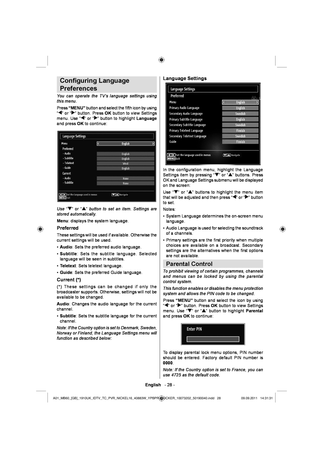 Sharp LC-40SH340E Conﬁguring Language Preferences, Parental Control, Preferred, Current, Language Settings, English 