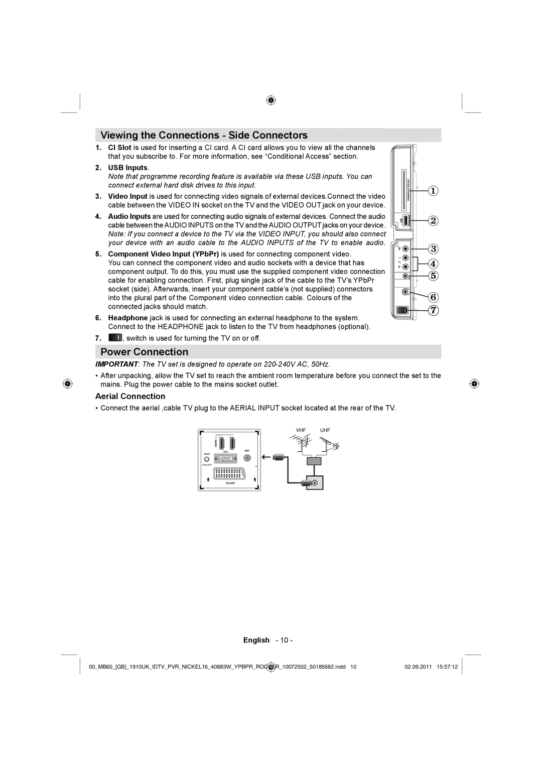 Sharp LC-40SH340K operation manual Viewing the Connections Side Connectors, Power Connection, Aerial Connection, USB Inputs 