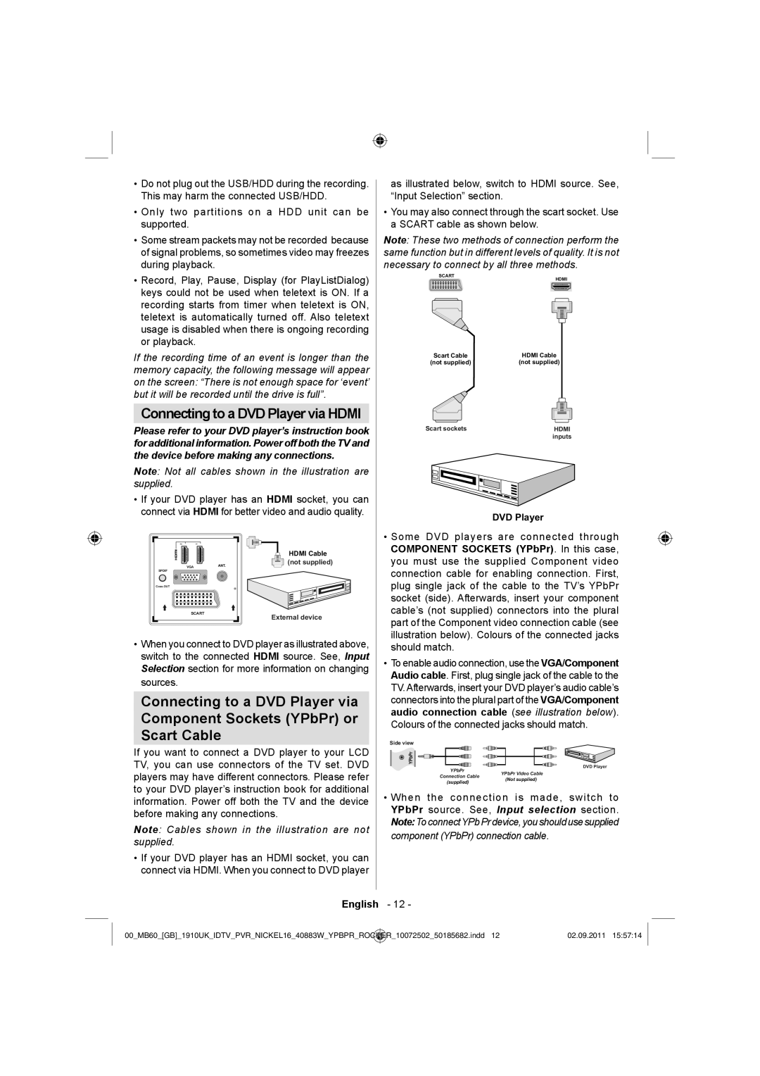 Sharp LC-40SH340K operation manual Connecting to a DVD Player via Hdmi, Component Sockets YPbPr. In this case 