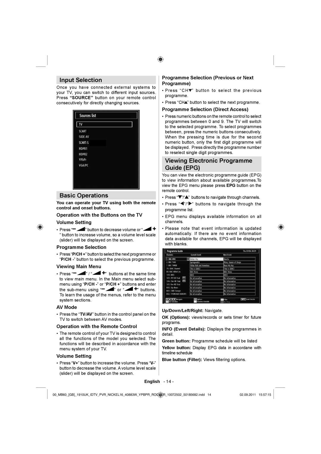 Sharp LC-40SH340K operation manual Input Selection, Basic Operations, Viewing Electronic Programme Guide EPG 