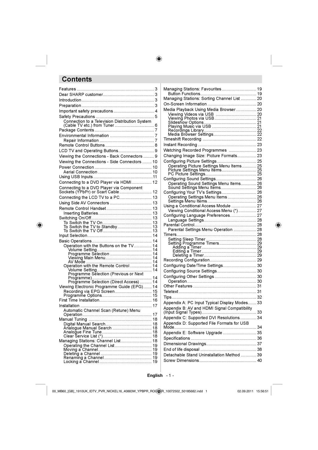 Sharp LC-40SH340K operation manual Contents 