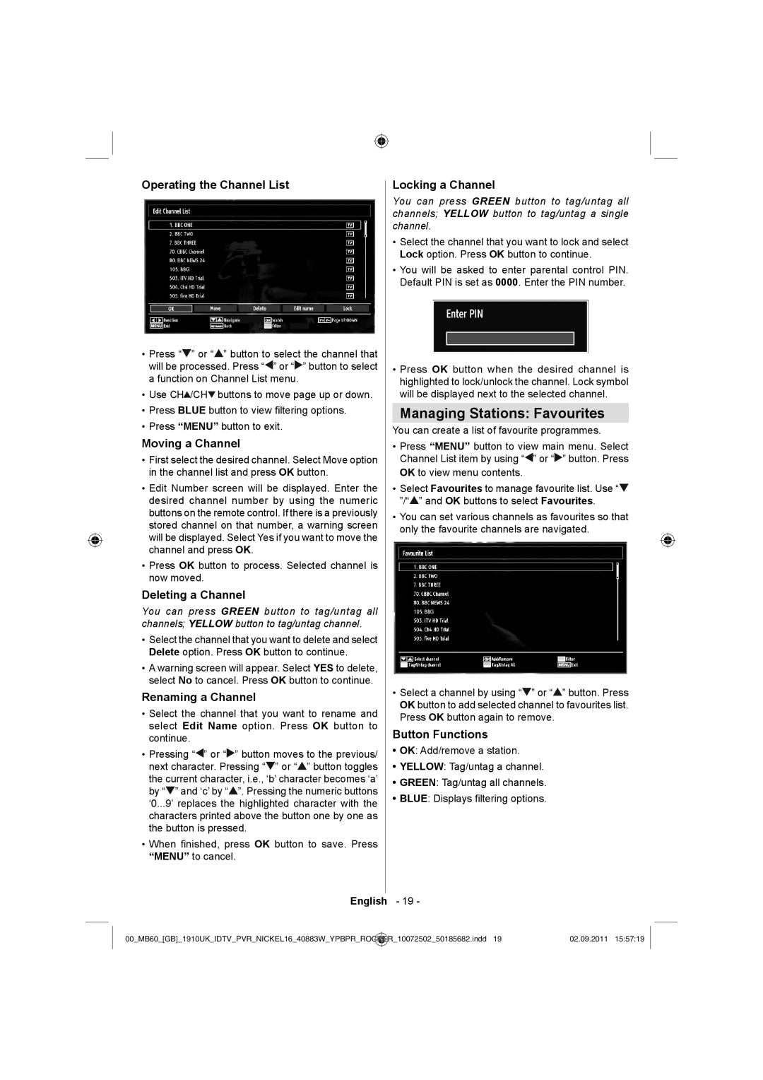 Sharp LC-40SH340K operation manual Managing Stations Favourites 