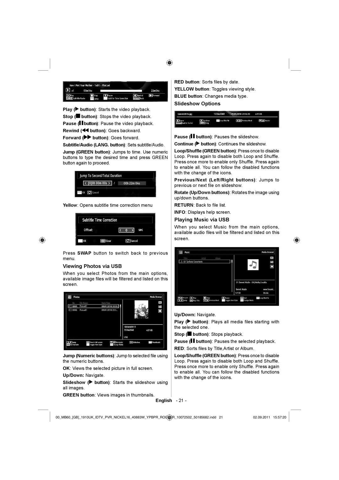 Sharp LC-40SH340K operation manual Viewing Photos via USB, Slideshow Options, Playing Music via USB 