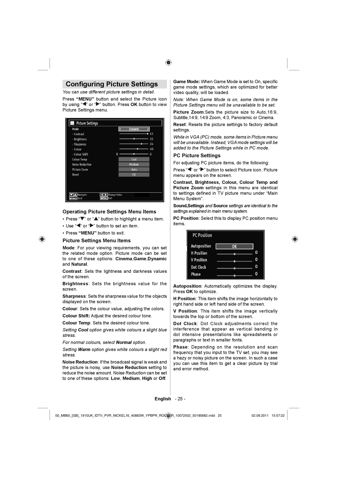 Sharp LC-40SH340K operation manual Conﬁguring Picture Settings, Operating Picture Settings Menu Items, PC Picture Settings 