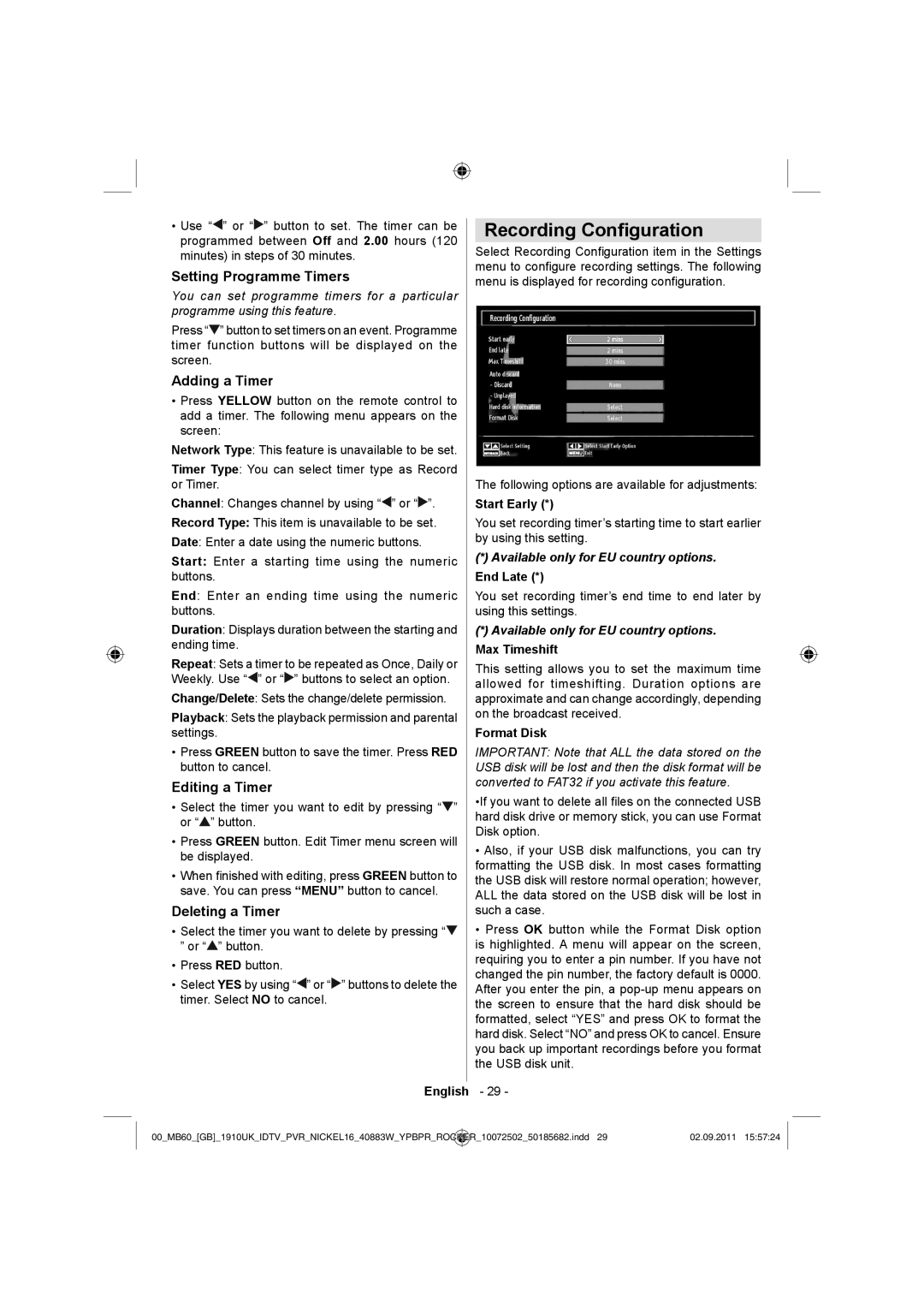 Sharp LC-40SH340K Recording Conﬁguration, Setting Programme Timers, Adding a Timer, Editing a Timer, Deleting a Timer 