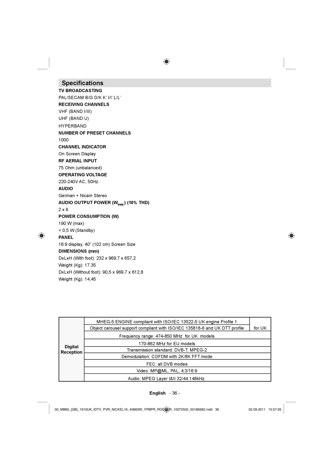 Sharp LC-40SH340K operation manual Speciﬁcations, Dimensions mm, Digital Reception 