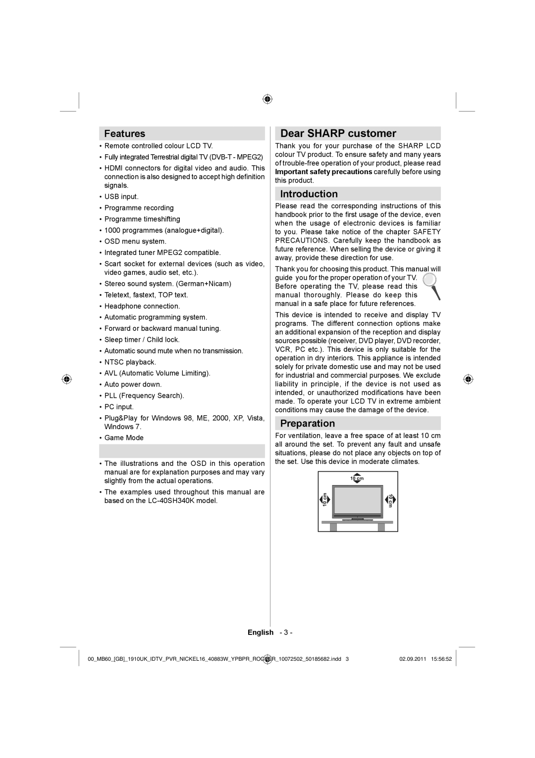 Sharp LC-40SH340K operation manual Dear Sharp customer, Features, Introduction, Preparation 