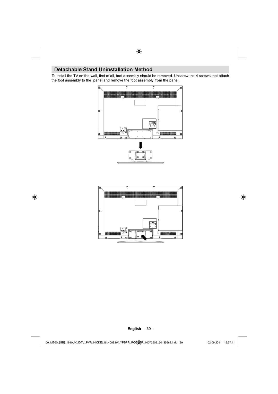 Sharp LC-40SH340K operation manual Detachable Stand Uninstallation Method 