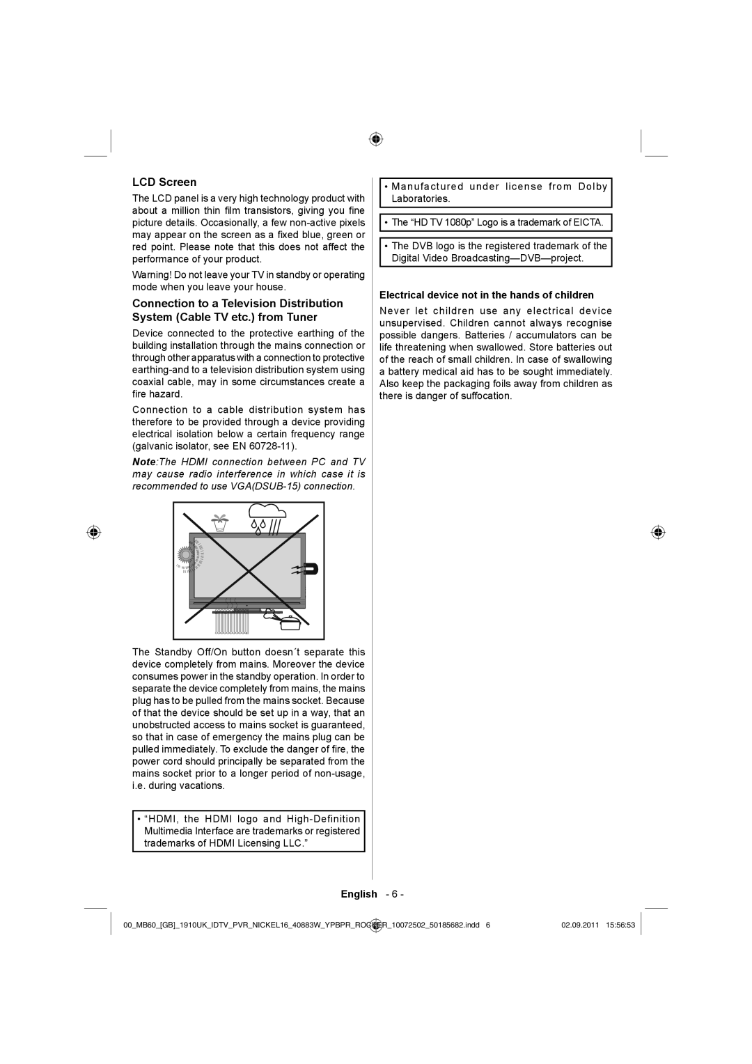 Sharp LC-40SH340K operation manual LCD Screen, Electrical device not in the hands of children 