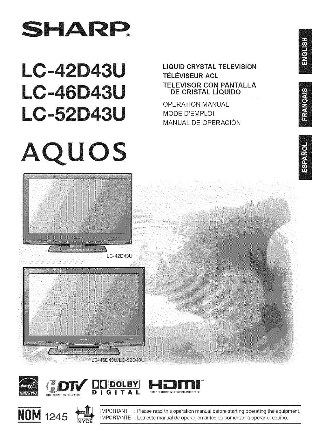 Sharp LC 52D43U, LC 42D43U operation manual Digital, Importante, Nyce 