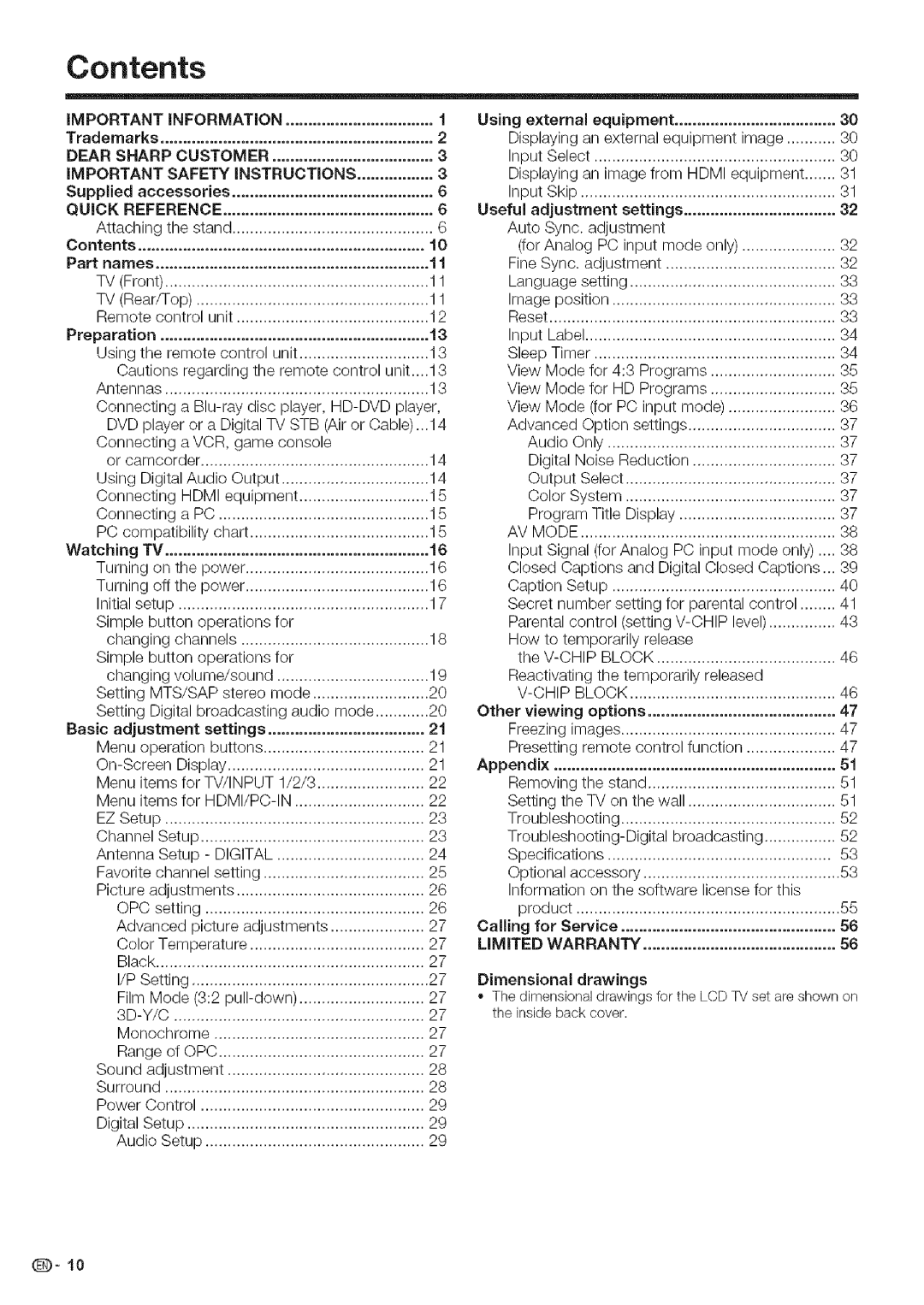 Sharp LC 52D43U, LC 42D43U operation manual Contents 