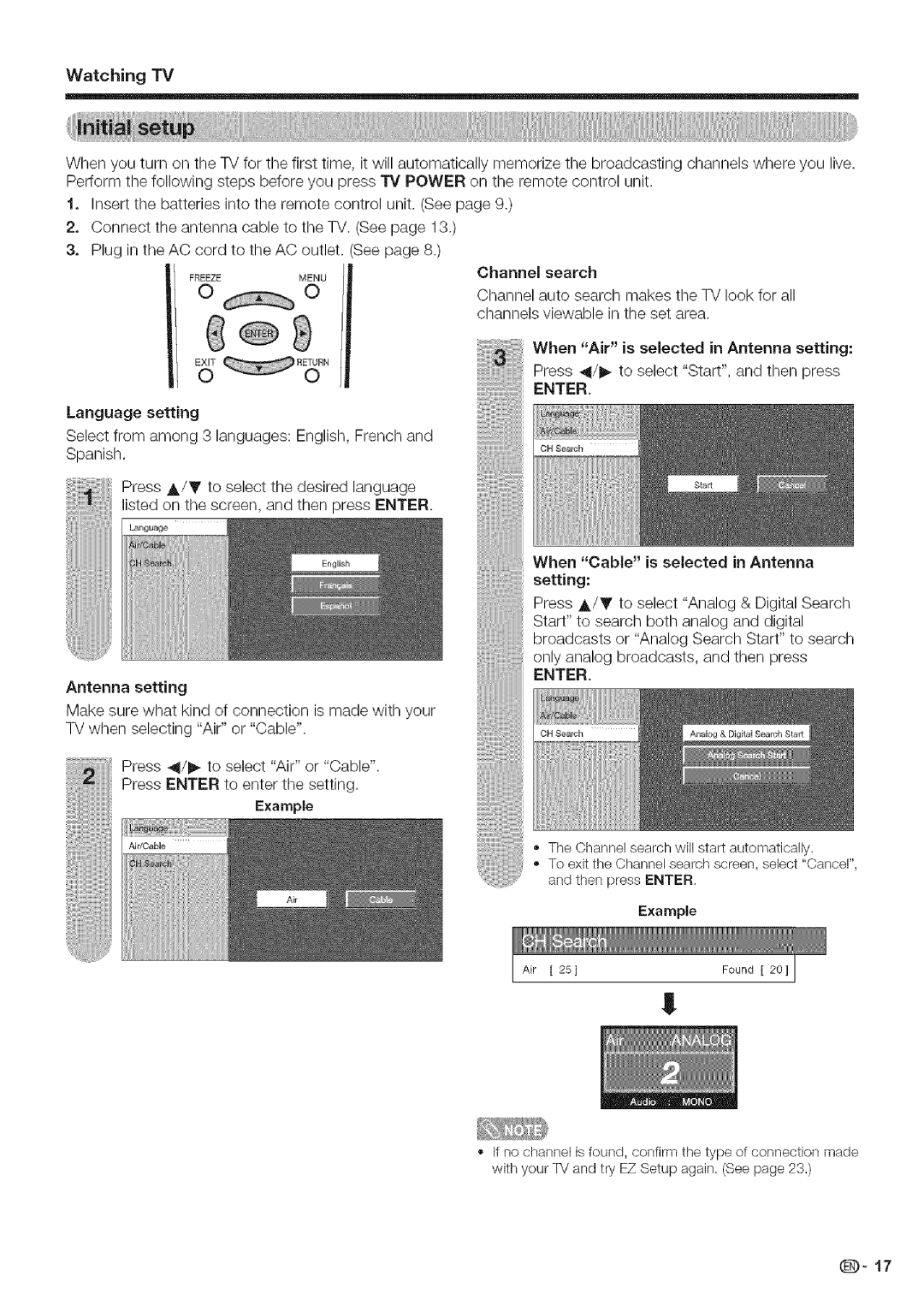 Sharp LC 42D43U, LC 52D43U operation manual Watching TV, Language setting, Antenna setting, Example, Enter 