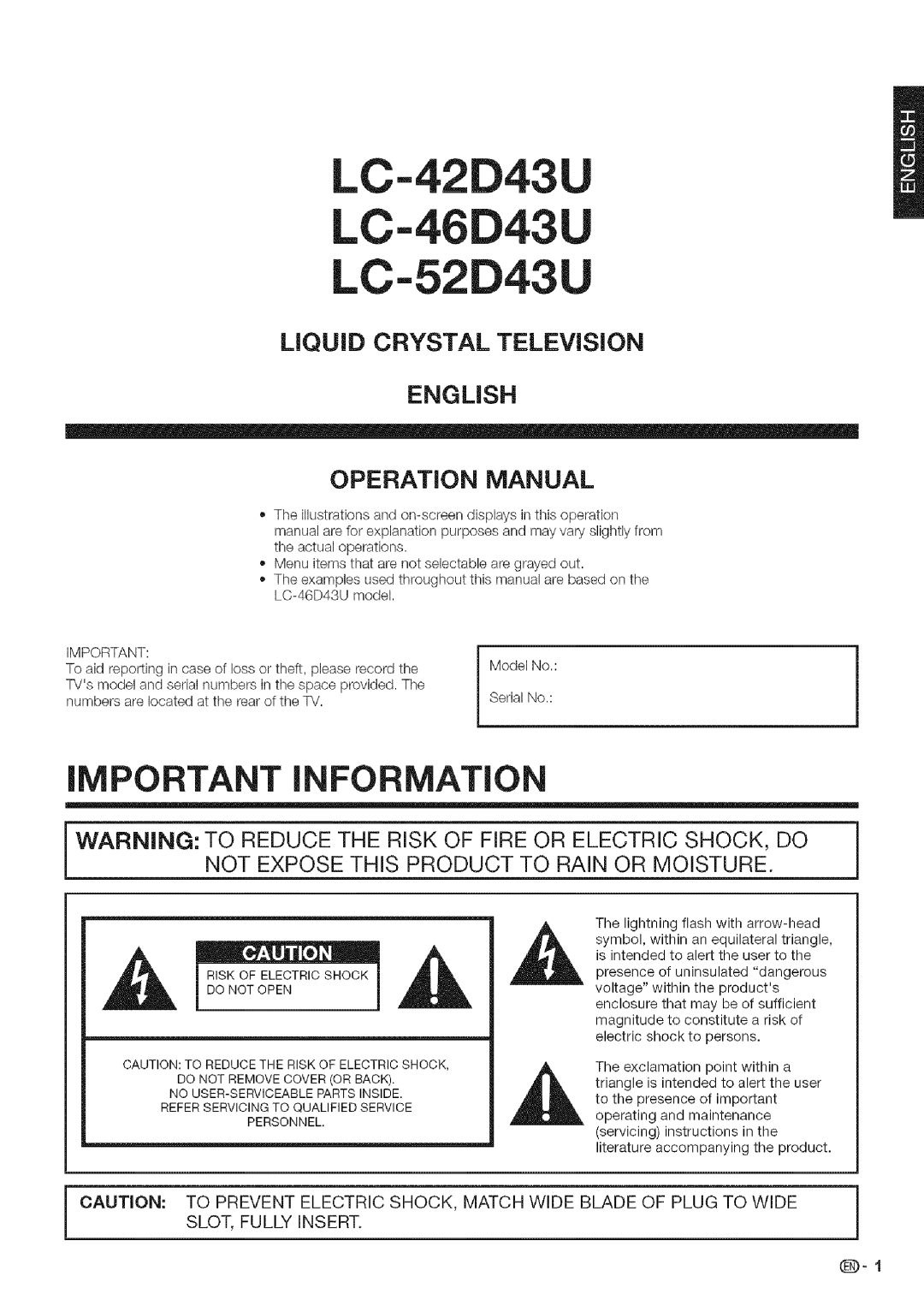 Sharp LC 42D43U, LC 52D43U operation manual LC-42D43 LC-46D43 LC-52D43, Risk of Electricshock Do not Open 