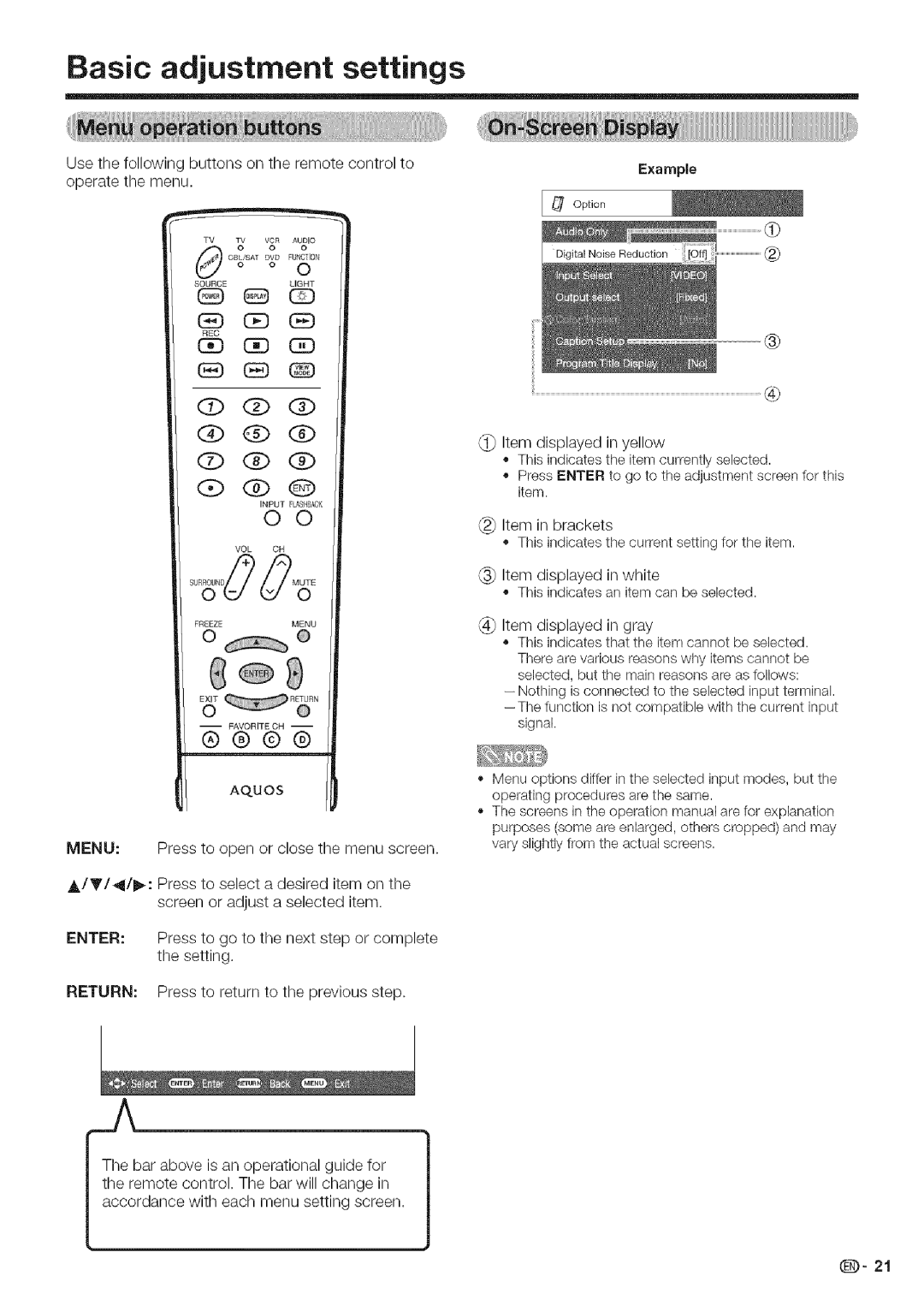 Sharp LC 42D43U, LC 52D43U operation manual Basic adjustment settings, Menu 