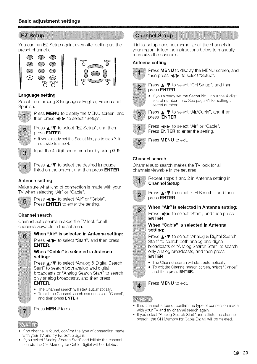 Sharp LC 42D43U Input the 4-digit secret number by using, Press &/Y to select the desired language, Antenna setting 