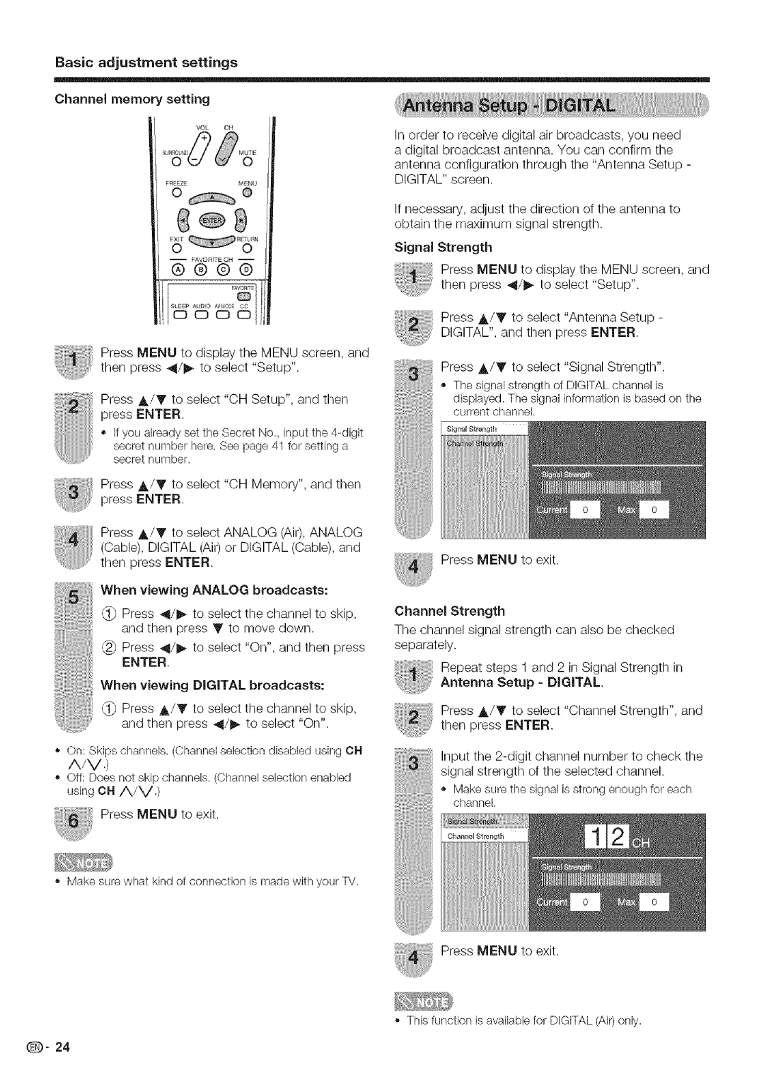 Sharp LC 52D43U, LC 42D43U operation manual Basic adjustment settings Channel memory setting, Signal Strength 