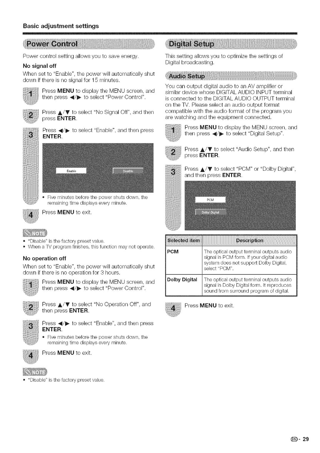 Sharp LC 42D43U, LC 52D43U operation manual Disable is the factory preset value 