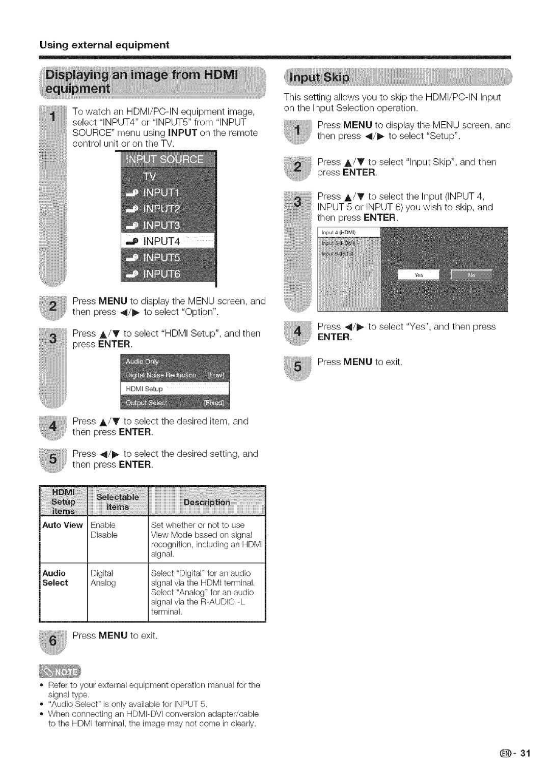 Sharp LC 42D43U, LC 52D43U operation manual Using external equipment, Press 4/ to select Yes, and then press 