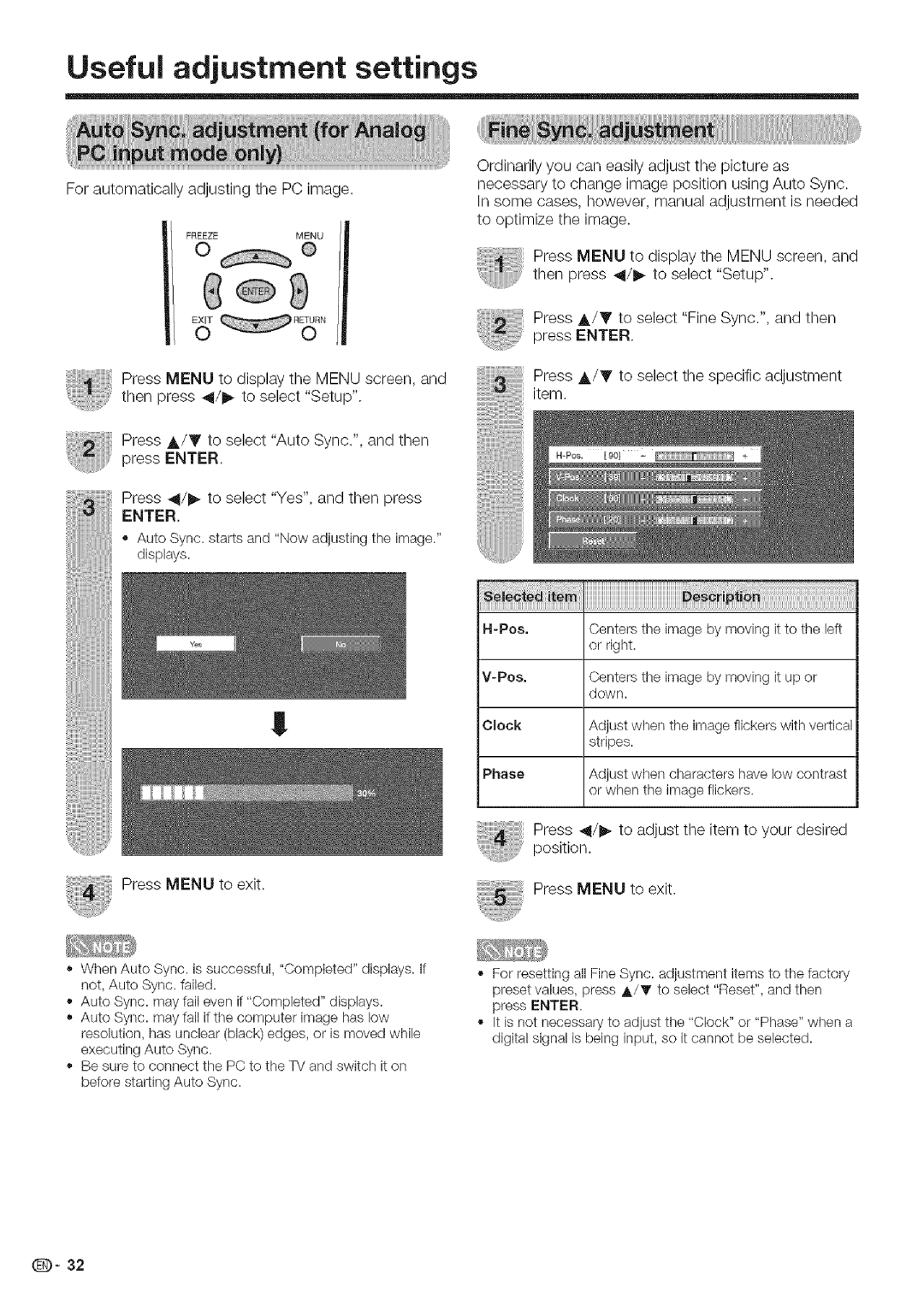 Sharp LC 52D43U, LC 42D43U Useful adjustment settings, Auto Sync. starts and Now adjusting tile image. displays, Position 