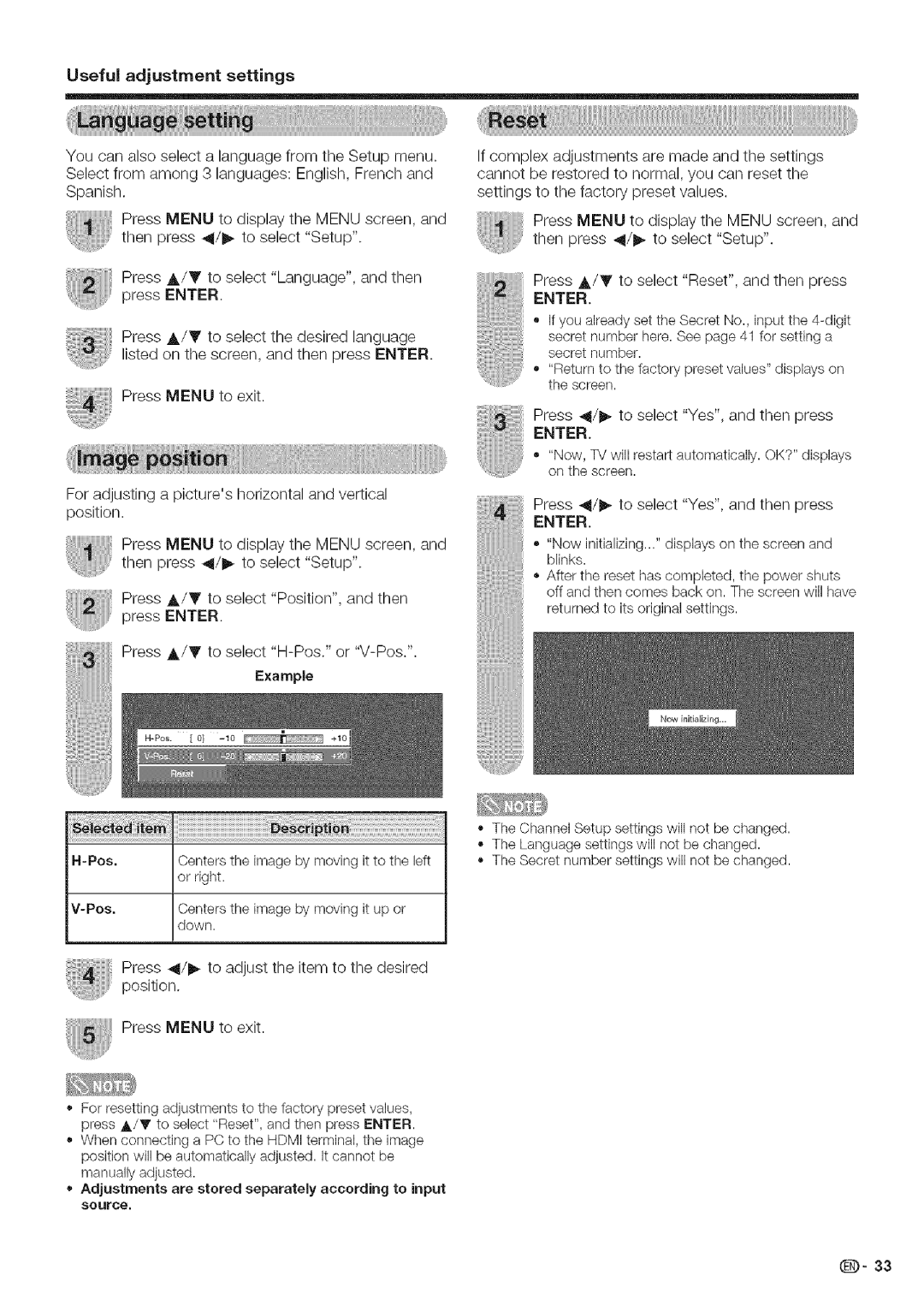 Sharp LC 42D43U, LC 52D43U operation manual Useful adjustment settings, Pos 