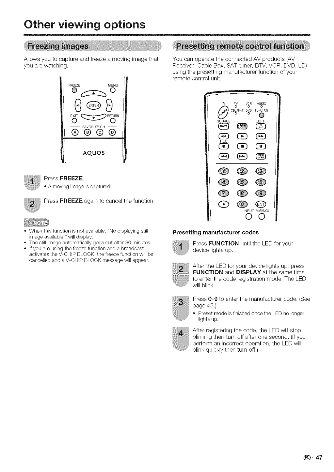 Sharp LC 42D43U, LC 52D43U operation manual Other viewing options, AqUOS, Press Freeze 