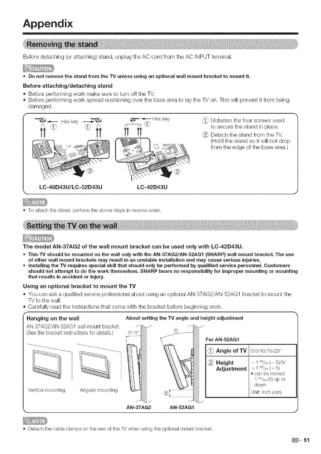 Sharp LC 42D43U, LC 52D43U Appendix, LC-46D43U/LC-52B43ULC-42D43U, Angle of TV 0/5/10/15/20 Height, AN-37AG2 AN-52AGf 