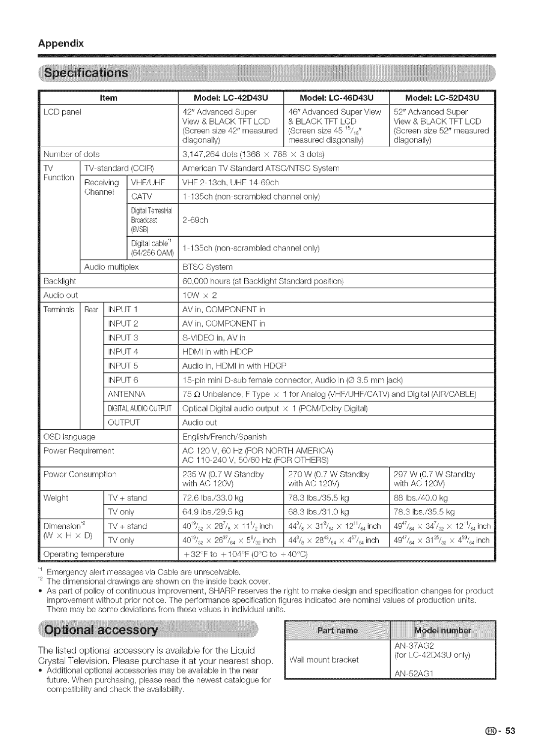 Sharp LC 42D43U, LC 52D43U operation manual Model LC-42D43U Model LC-46D43U Model LC-52D43U 