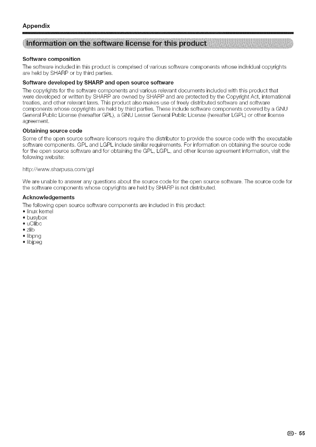 Sharp LC 42D43U, LC 52D43U operation manual Appendix, Software composition 