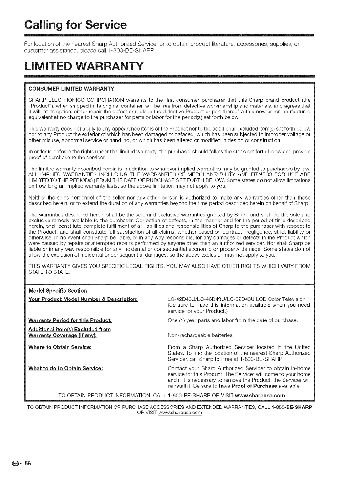 Sharp LC 52D43U, LC 42D43U operation manual Calling for Service, Model Specific Section 