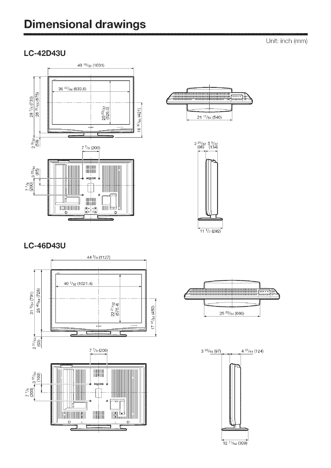 Sharp LC 52D43U, LC 42D43U operation manual Dimensional drawings, Unit inch mm 