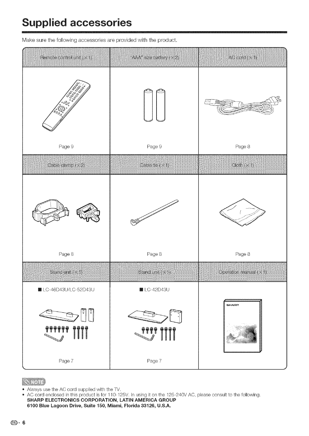 Sharp LC 52D43U, LC 42D43U operation manual Supplied accessories 