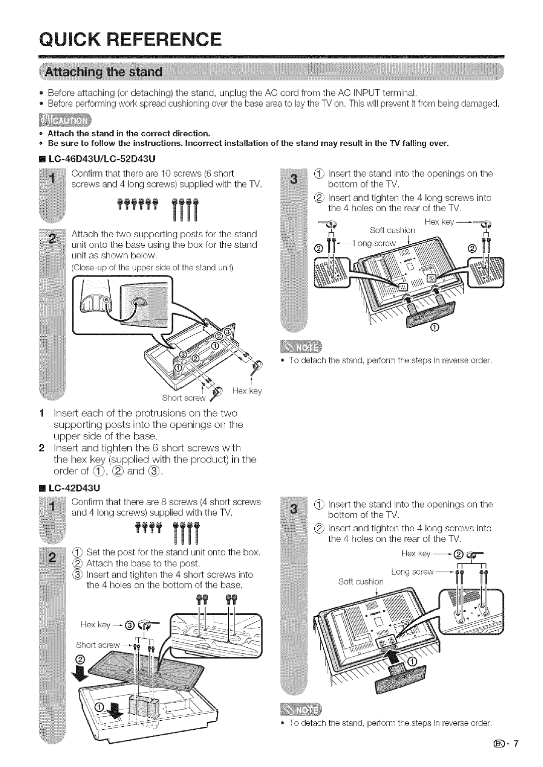 Sharp LC 42D43U Insert and tighten the 4 long screws into, holes on the rear of the TV, EYStscrewort f, LC-42D43U 