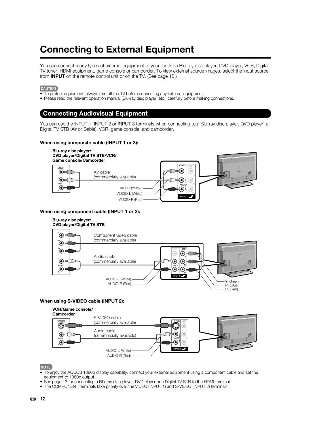 Sharp LC 42D65UT Connecting to External Equipment, Connecting Audiovisual Equipment, When using composite cable Input 1 or 