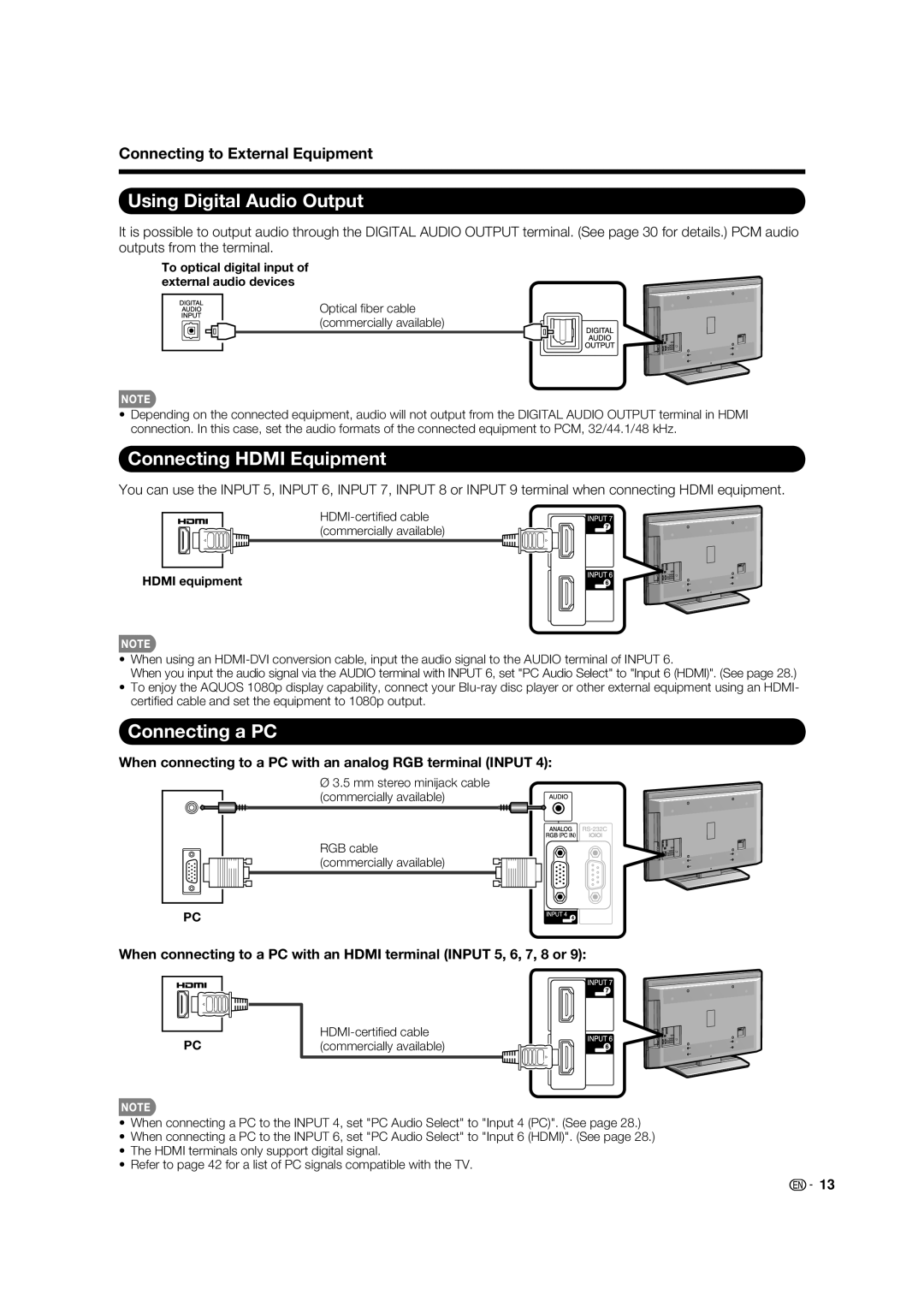 Sharp LC 42D65UT operation manual Using Digital Audio Output, Connecting Hdmi Equipment, Connecting a PC, Hdmi equipment 