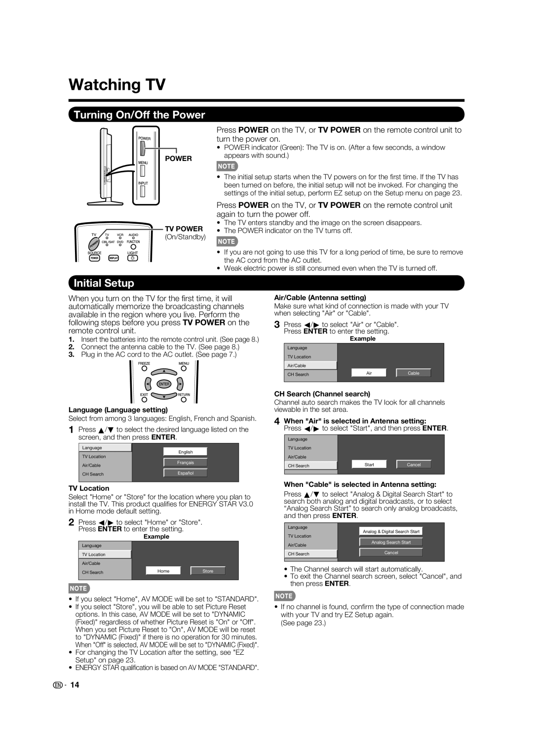 Sharp LC 42D65UT operation manual Watching TV, Turning On/Off the Power, Initial Setup 