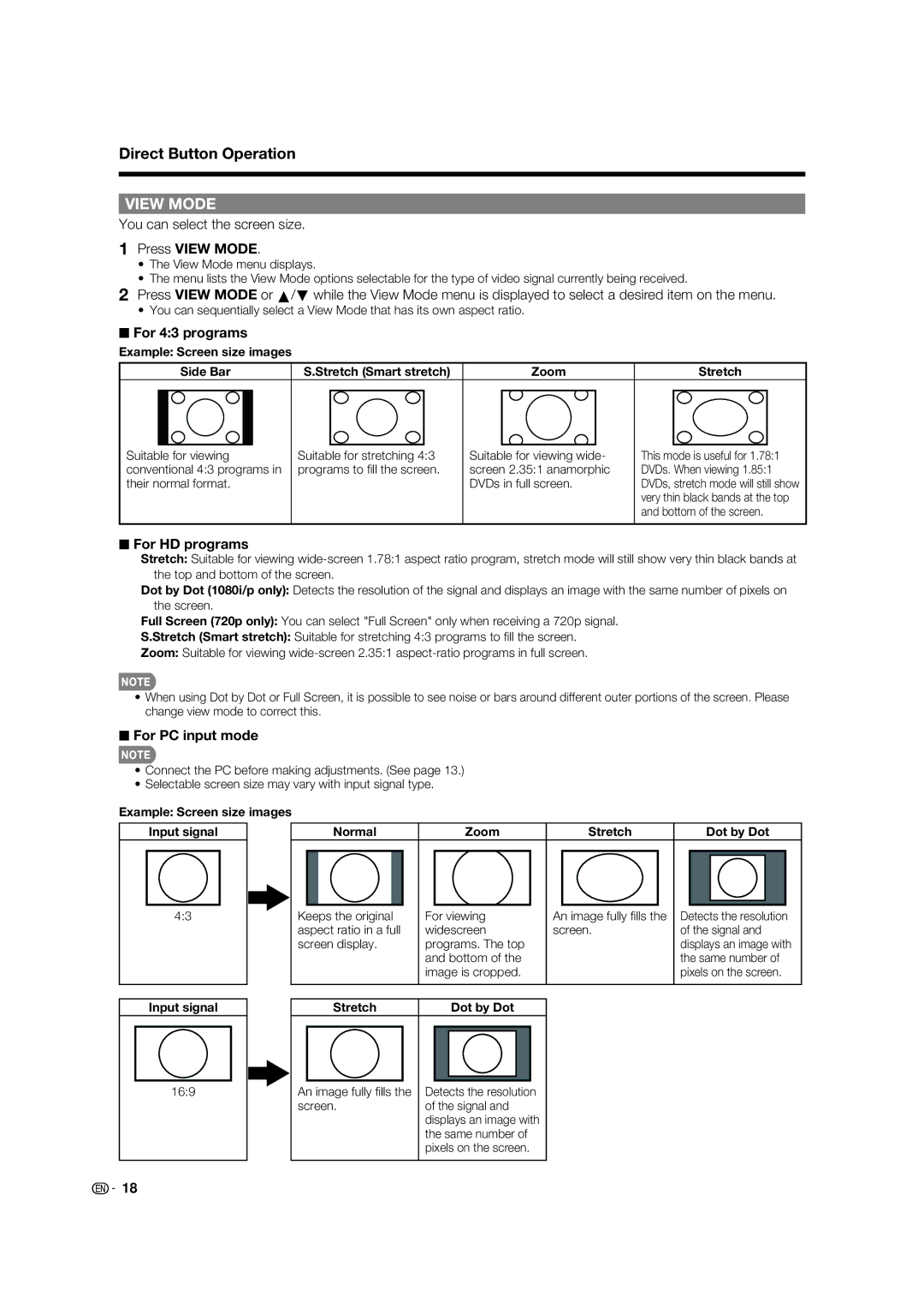 Sharp LC 42D65UT You can select the screen size, Press View Mode, For 43 programs, For HD programs, For PC input mode 