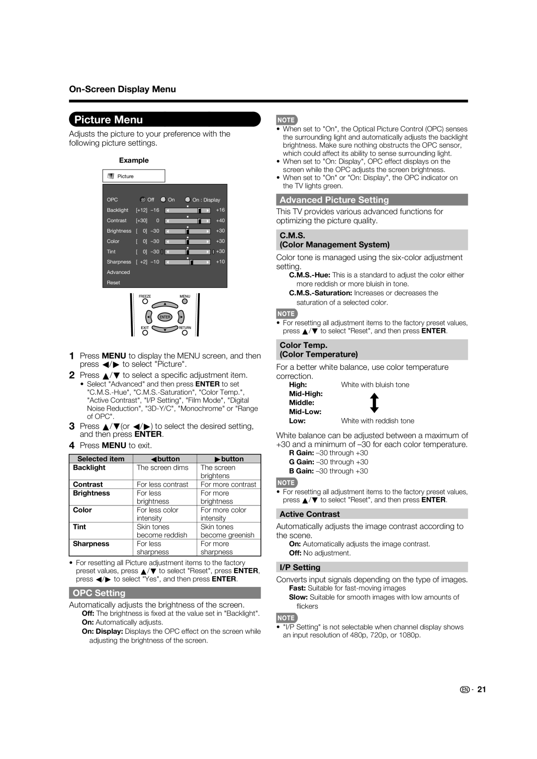 Sharp LC 42D65UT operation manual Picture Menu, OPC Setting, Advanced Picture Setting 