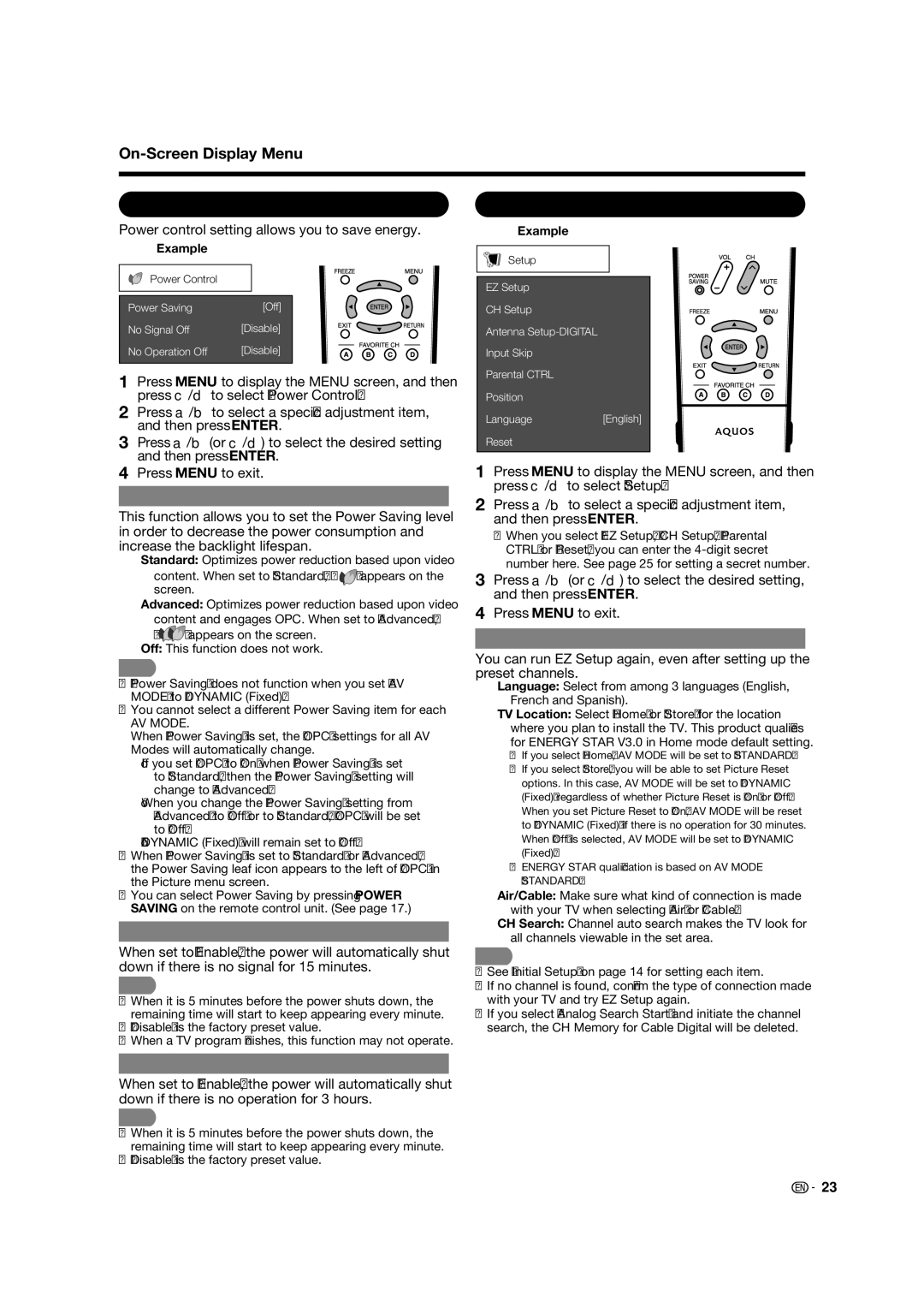 Sharp LC 42D65UT operation manual Power Control Menu, Setup Menu 