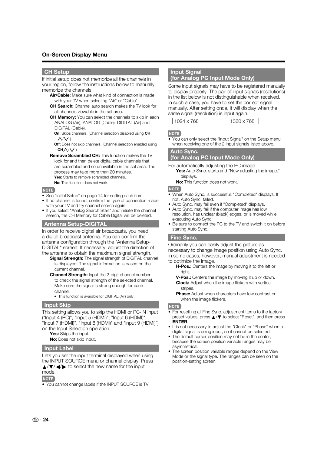 Sharp LC 42D65UT CH Setup, Input Signal For Analog PC Input Mode Only, Auto Sync For Analog PC Input Mode Only, Fine Sync 