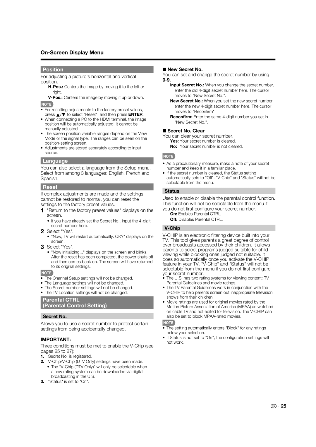 Sharp LC 42D65UT operation manual Position, Language, Reset, Parental Ctrl Parental Control Setting 